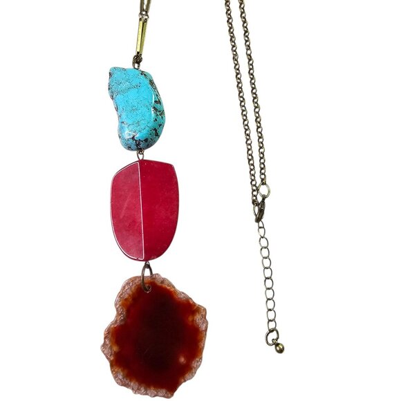 Boho Gemstone Necklace With Turquoise Red & Agate Stones On Antique Brass Chain - Picture 4 of 8
